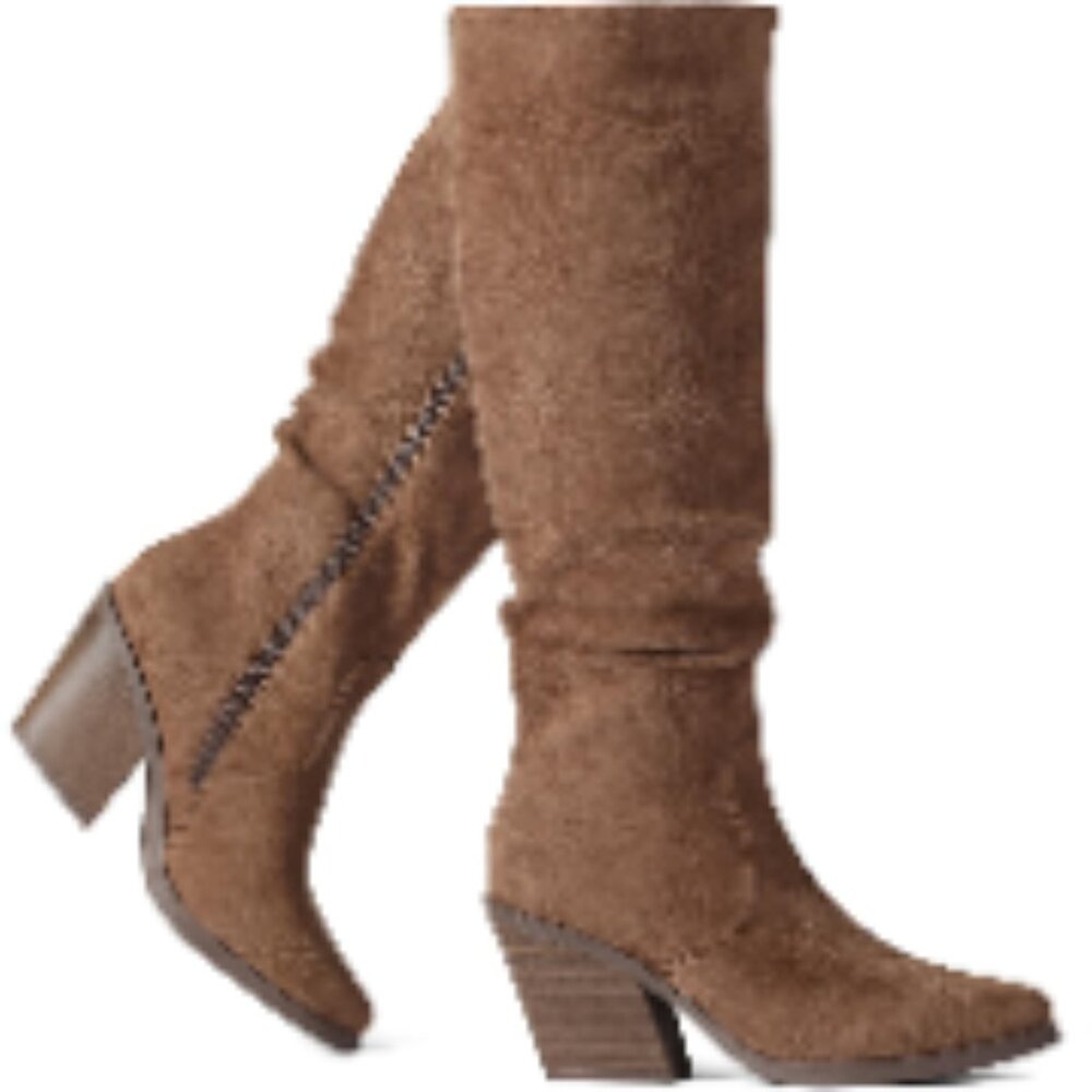 Faux Suede Knee High Boots With Stacked Chunky Heel And Side Zipper
